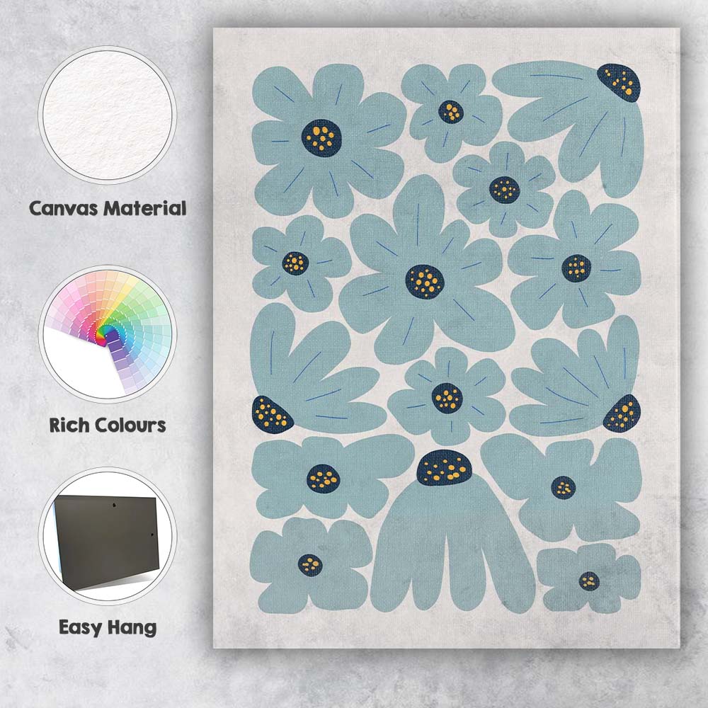 Scandinavian Dusty Blue Floral Retro Folk Art Canvas Wall Art Print Decor Picture Ready to Hang