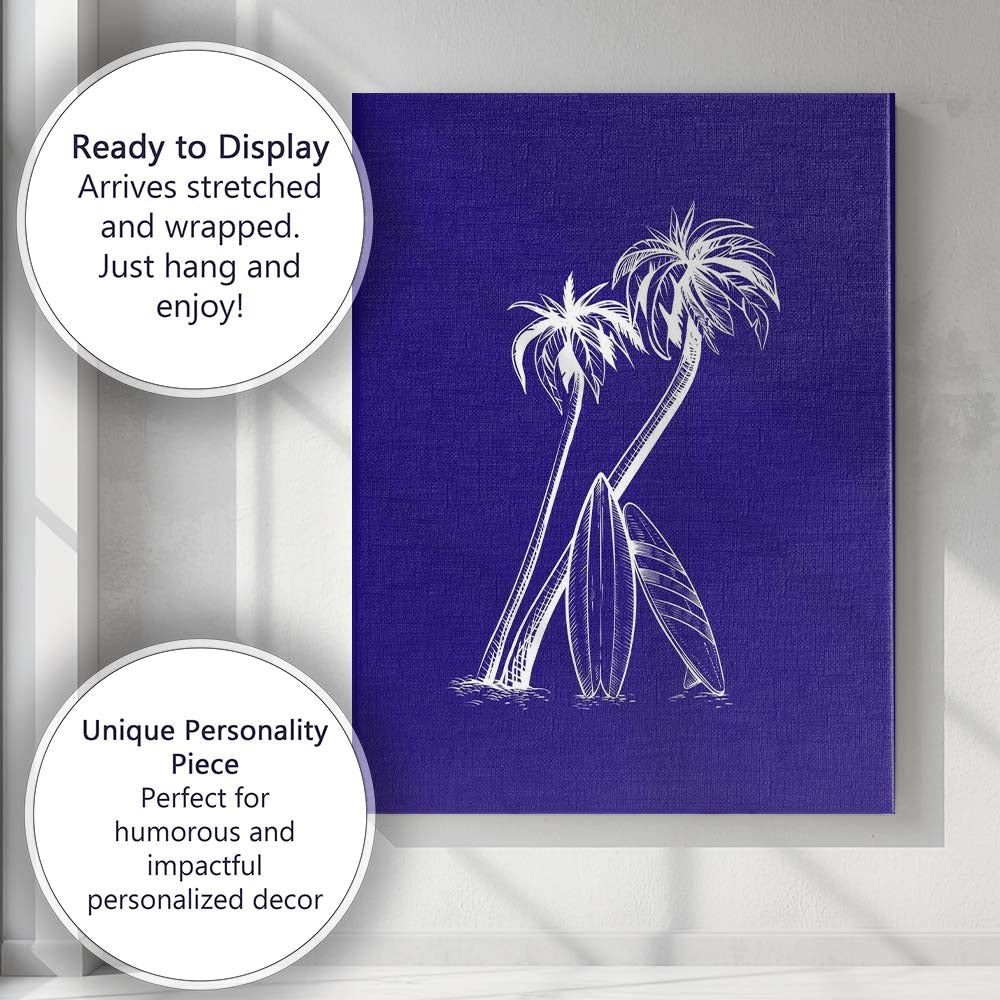 White Tropical Palm Trees With Surfboards Coastal Illustration Canvas Wall Art Print Decor Picture Ready to Hang