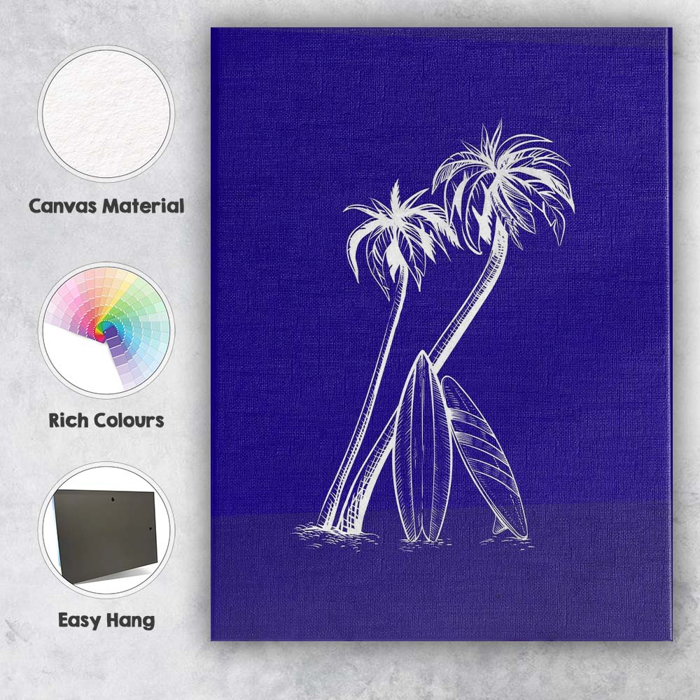White Tropical Palm Trees With Surfboards Coastal Illustration Canvas Wall Art Print Decor Picture Ready to Hang