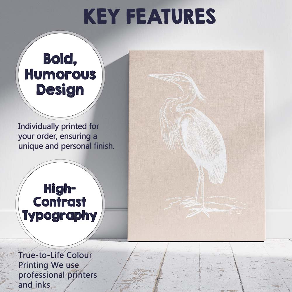 Minimalist White Coastal Heron Bird Illustration Canvas Wall Art Print Decor Picture Ready to Hang