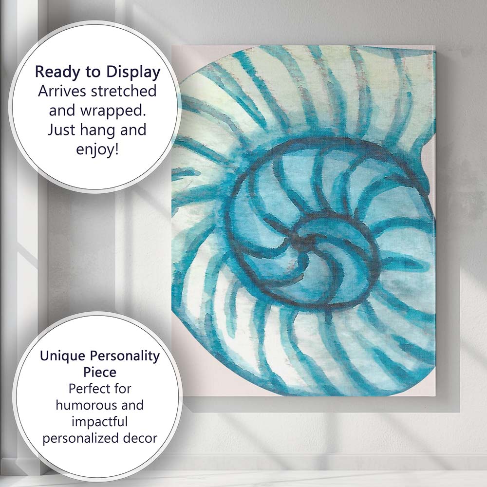 Blue Watercolour Nautilus Seashell Spiral Coastal Canvas Wall Art Print Decor Picture Ready to Hang