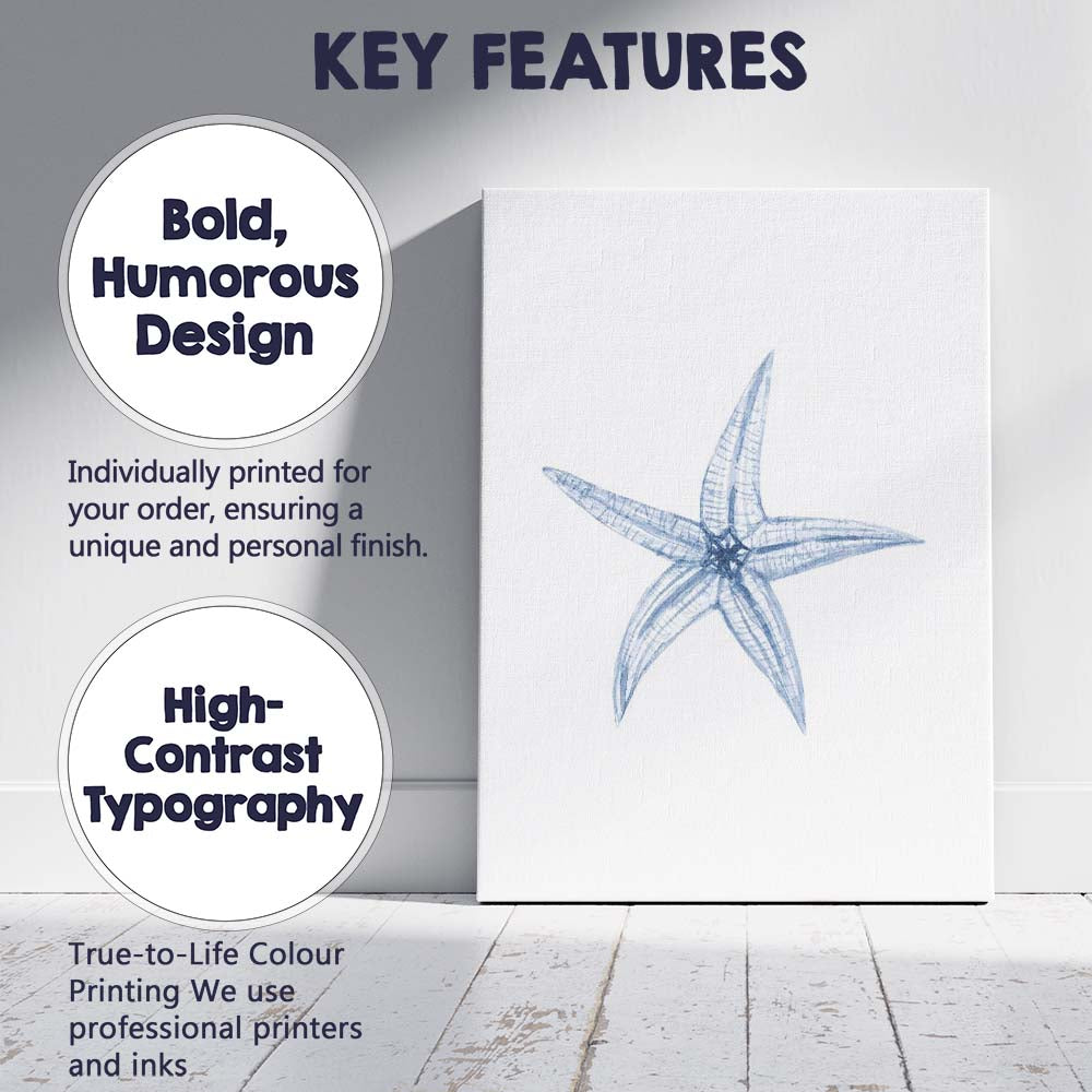 Minimalist Blue Starfish Watercolour Illustration Canvas Wall Art Print Decor Picture Ready to Hang