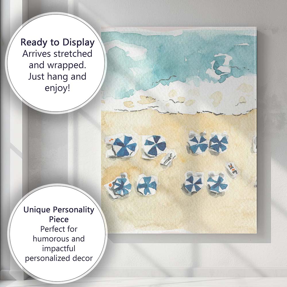 Watercolour Beach Umbrellas Aerial Coastal Holiday Scene Canvas Wall Art Print Decor Picture Ready to Hang