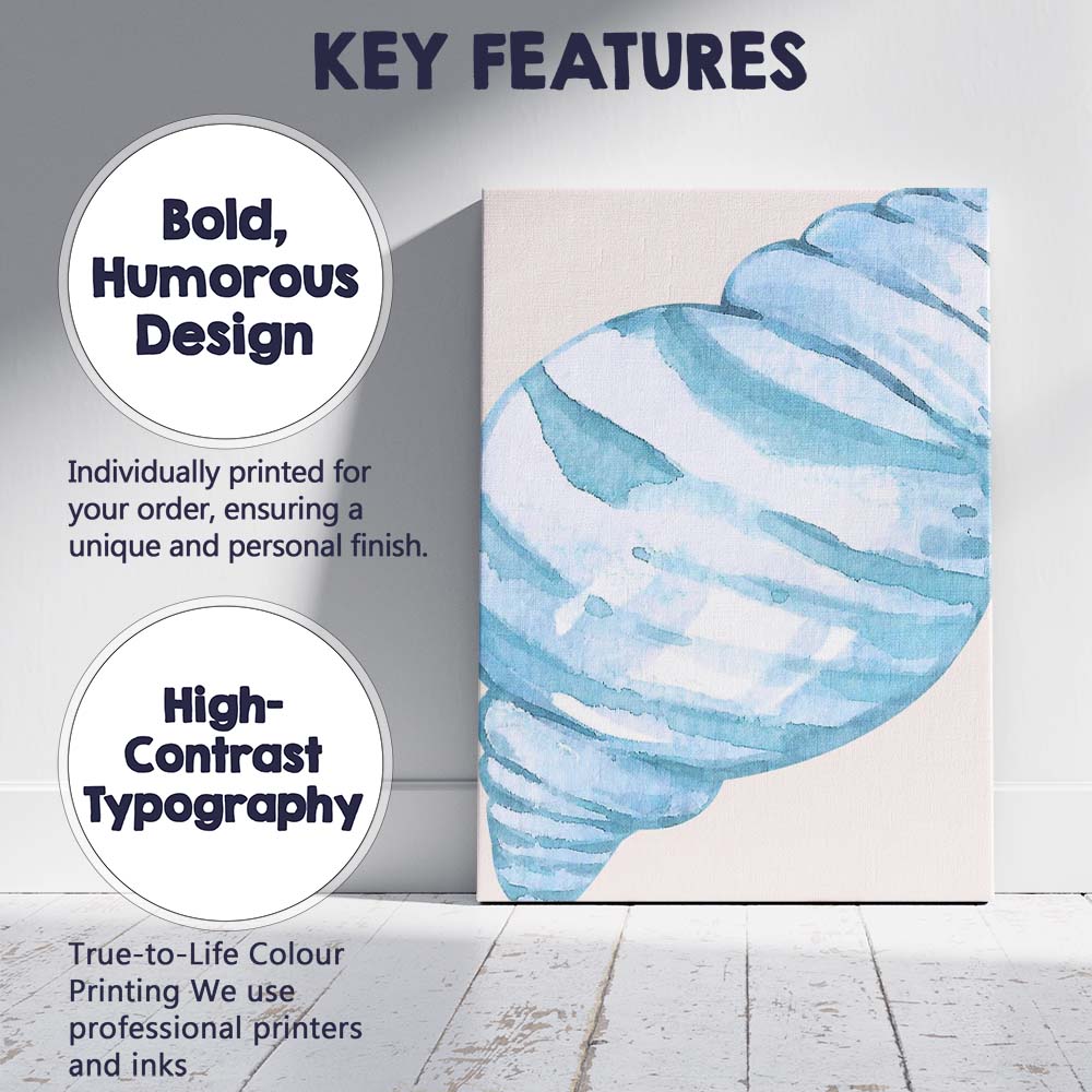 Blue Watercolour Spiral Seashell Coastal Illustration Canvas Wall Art Print Decor Picture Ready to Hang