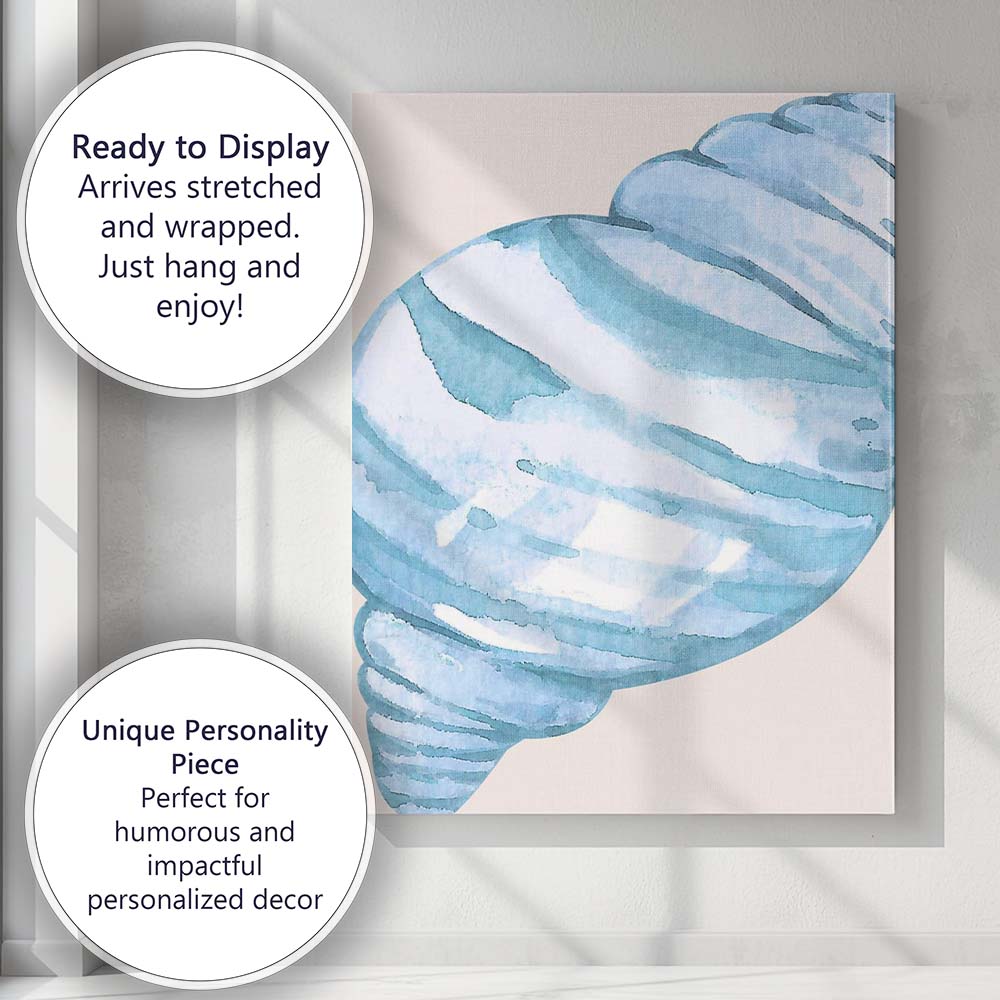 Blue Watercolour Spiral Seashell Coastal Illustration Canvas Wall Art Print Decor Picture Ready to Hang