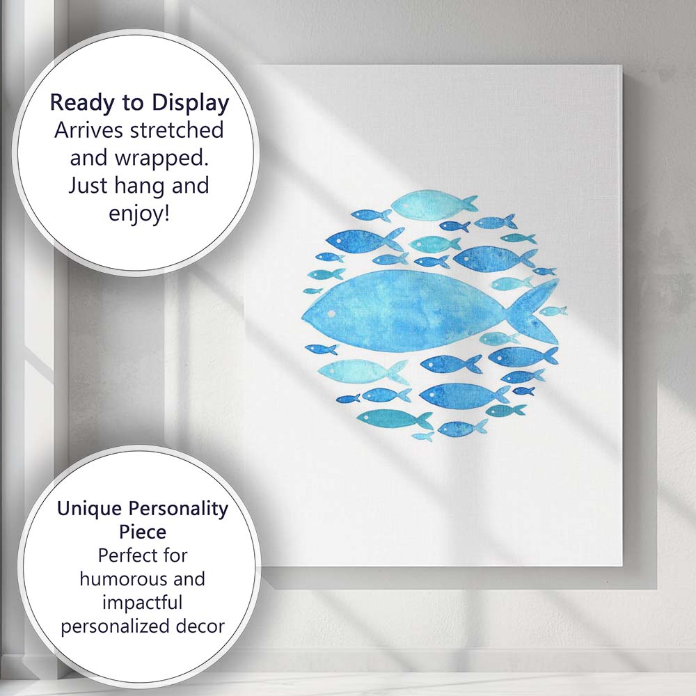 Blue Watercolour Tropical Fish School Coastal Illustration Canvas Wall Art Print Decor Picture Ready to Hang