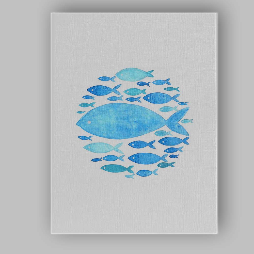 Blue Watercolour Tropical Fish School Coastal Illustration Canvas Wall Art Print Decor Picture Ready to Hang