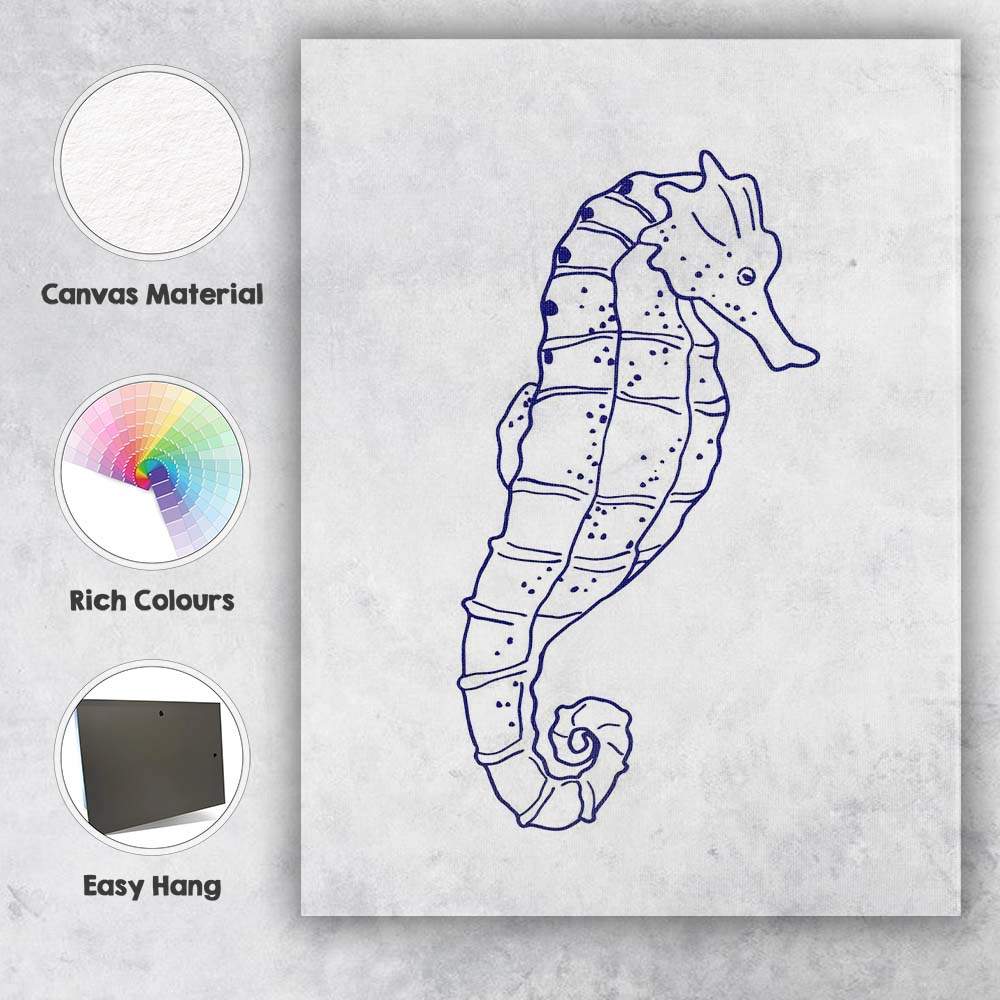 Minimalist Navy Blue Seahorse Coastal Line Art Canvas Wall Art Print Decor Picture Ready to Hang