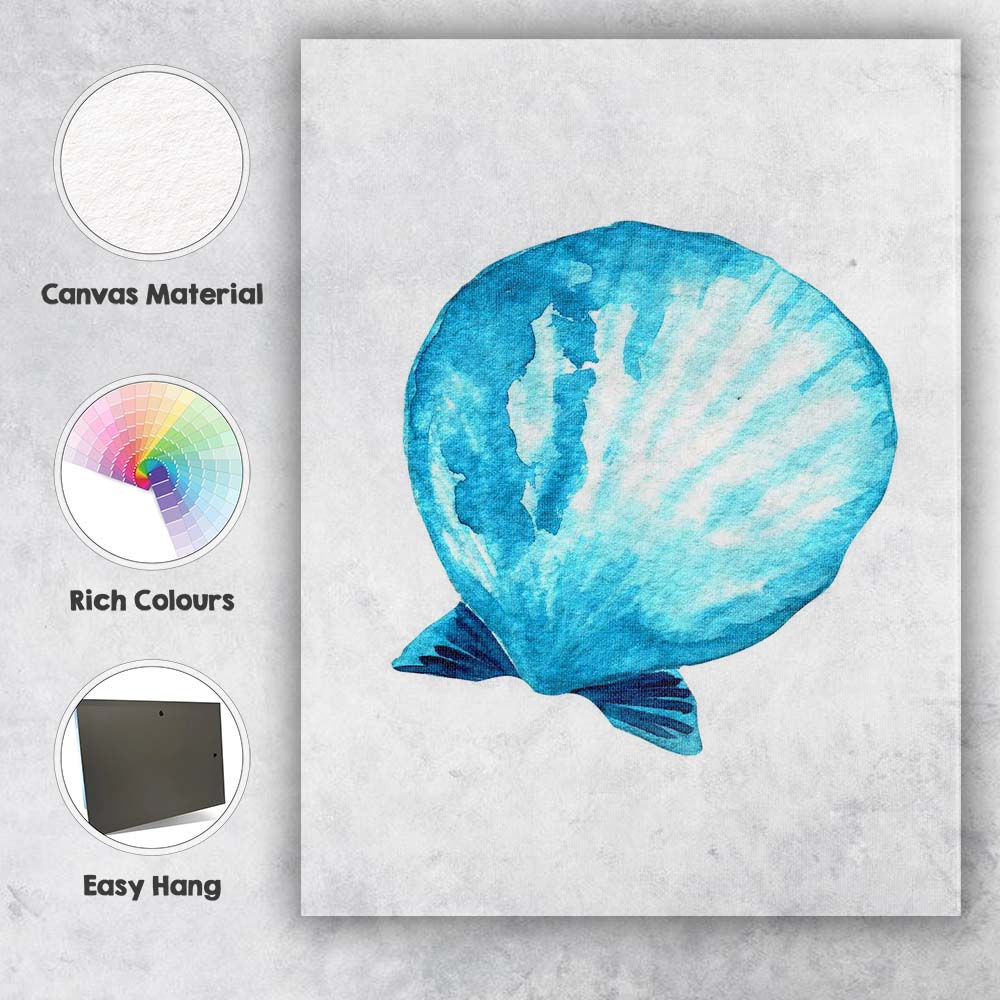 Blue Watercolour Scallop Shell Coastal Illustration Canvas Wall Art Print Decor Picture Ready to Hang