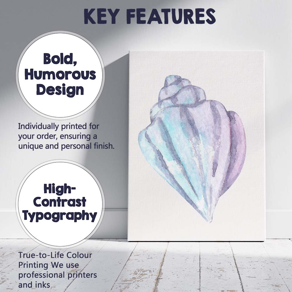 Pastel Blue Purple Watercolour Conch Shell Illustration Canvas Wall Art Print Decor Picture Ready to Hang