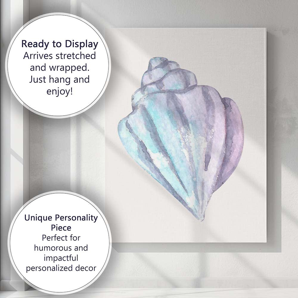 Pastel Blue Purple Watercolour Conch Shell Illustration Canvas Wall Art Print Decor Picture Ready to Hang