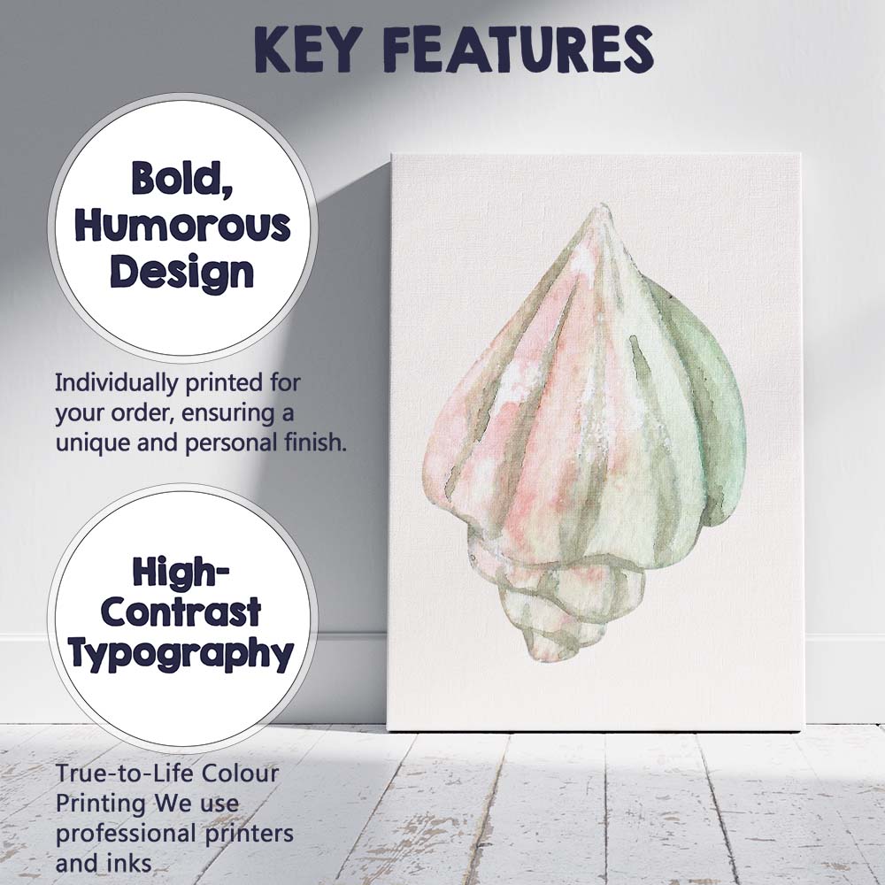 Pastel Pink Green Watercolour Seashell Illustration Canvas Wall Art Print Decor Picture Ready to Hang