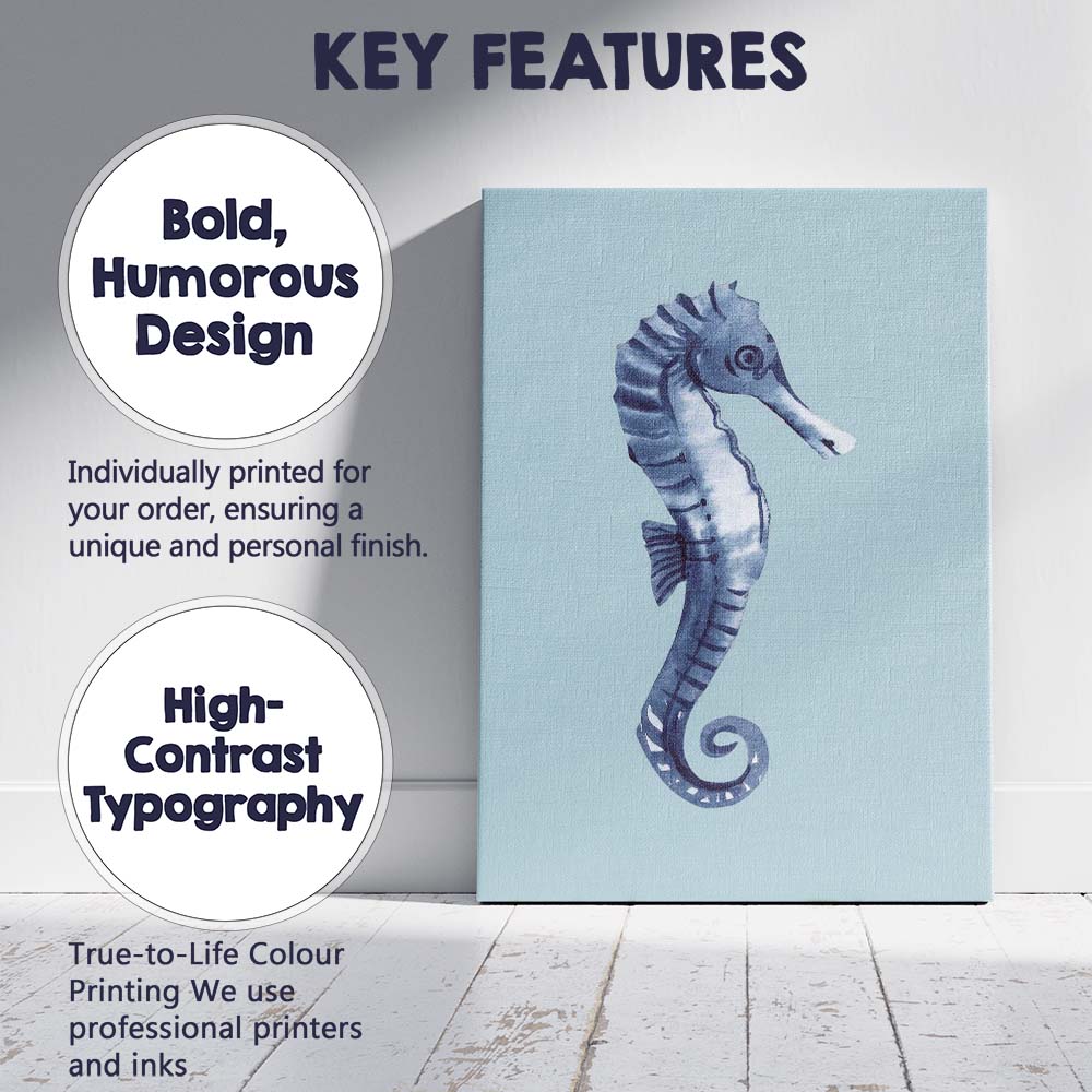 Blue Watercolour Seahorse Coastal Marine Illustration Canvas Wall Art Print Decor Picture Ready to Hang