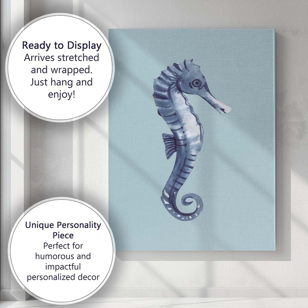 Blue Watercolour Seahorse Coastal Marine Illustration Canvas Wall Art Print Decor Picture Ready to Hang