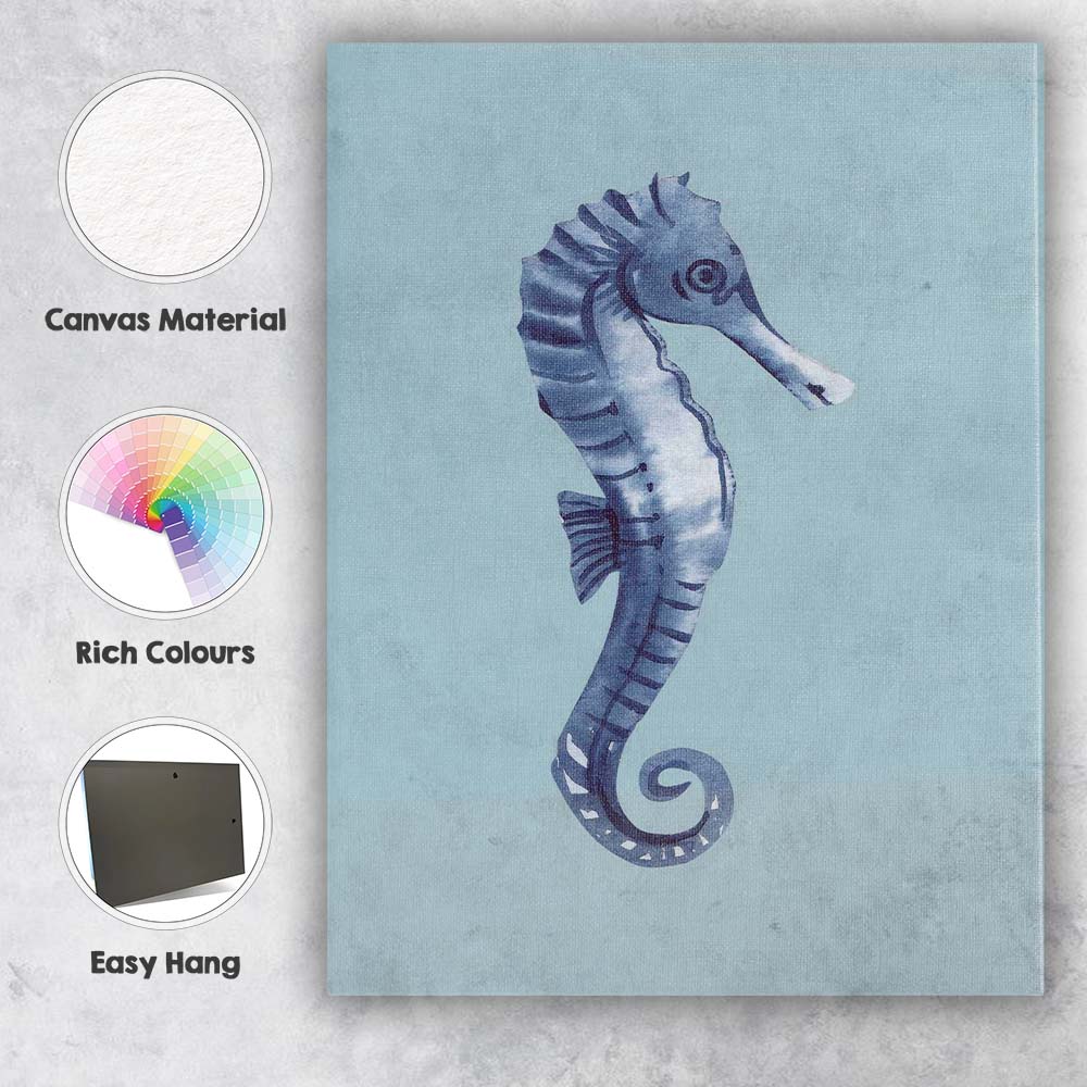 Blue Watercolour Seahorse Coastal Marine Illustration Canvas Wall Art Print Decor Picture Ready to Hang