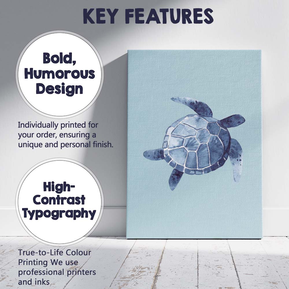 Blue Watercolour Sea Turtle Coastal Marine Illustration Canvas Wall Art Print Decor Picture Ready to Hang