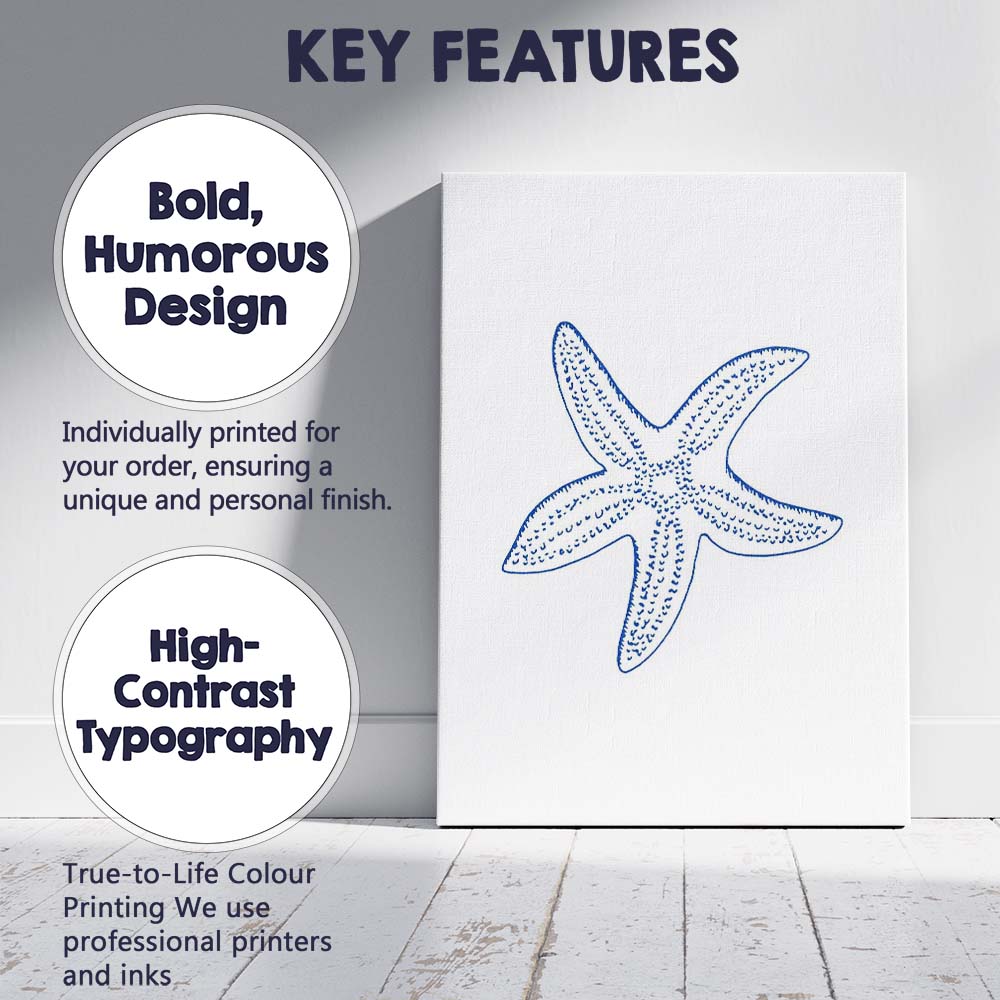 Minimalist Blue Starfish Coastal Line Drawing Canvas Wall Art Print Decor Picture Ready to Hang