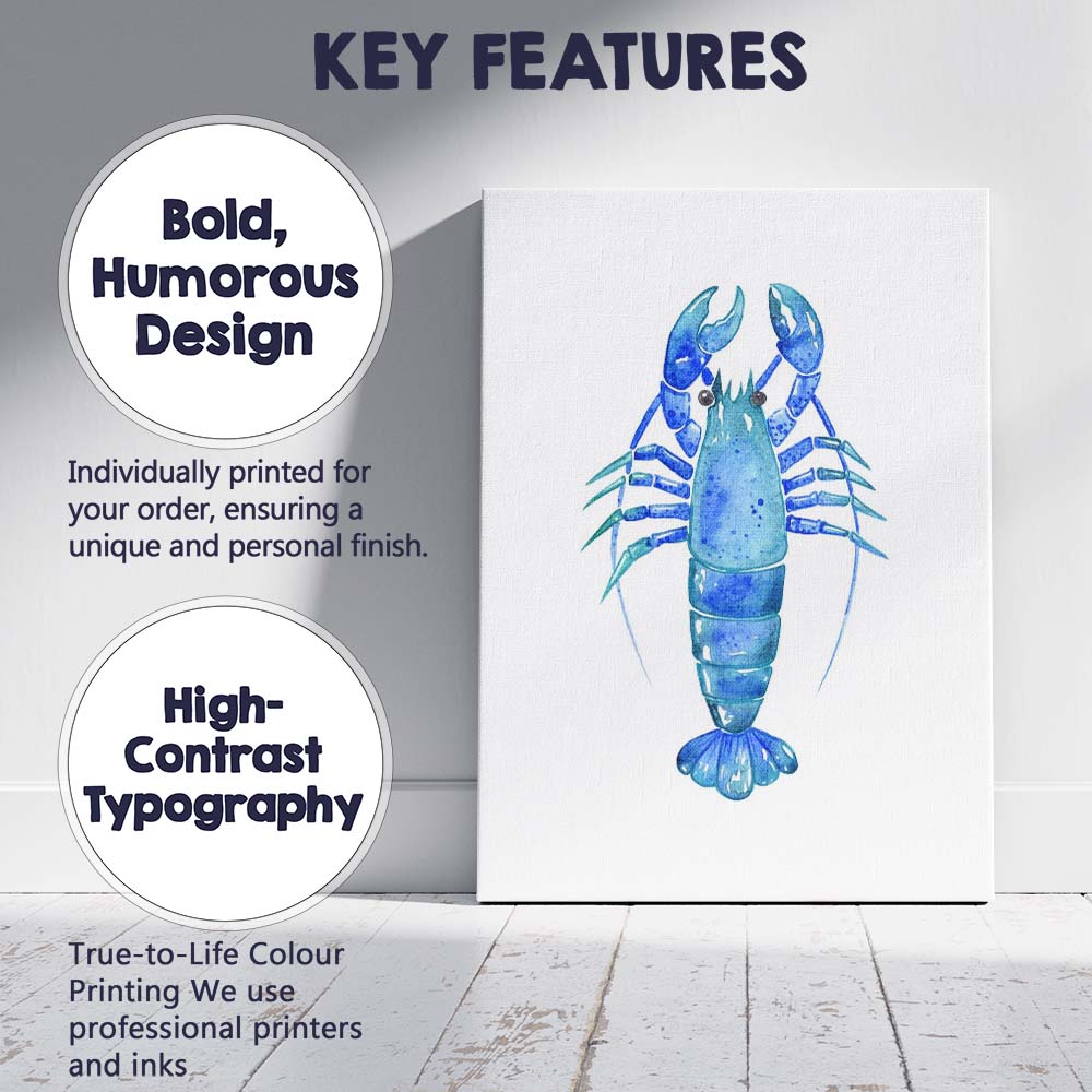 Blue Watercolour Lobster Coastal Marine Illustration Canvas Wall Art Print Decor Picture Ready to Hang