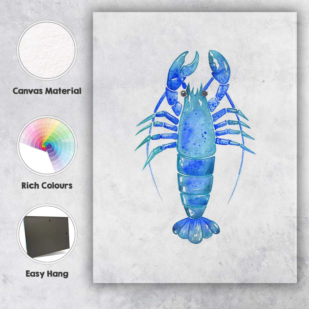 Blue Watercolour Lobster Coastal Marine Illustration Canvas Wall Art Print Decor Picture Ready to Hang
