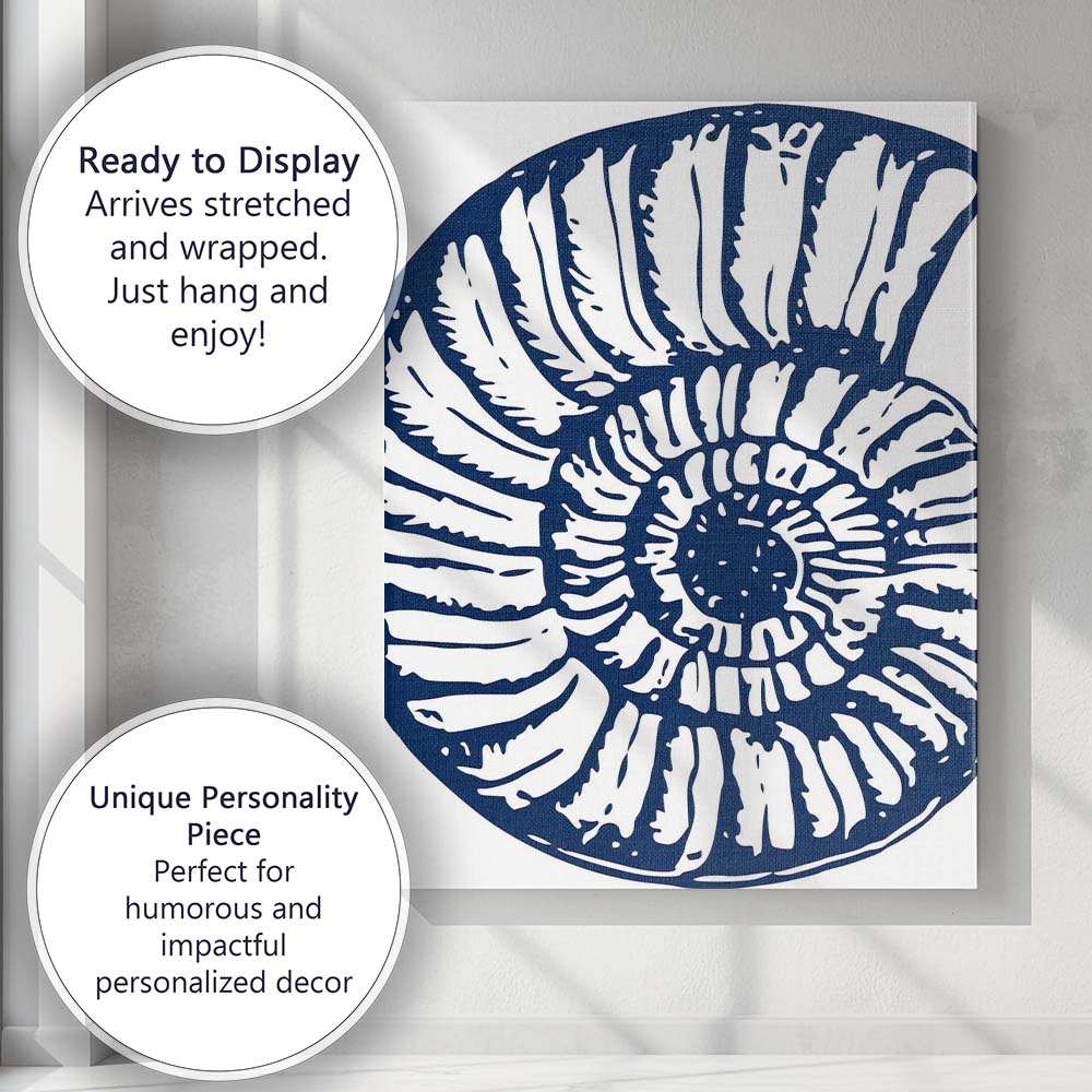 Navy Blue Nautilus Fossil Coastal Silhouette Canvas Wall Art Print Decor Picture Ready to Hang