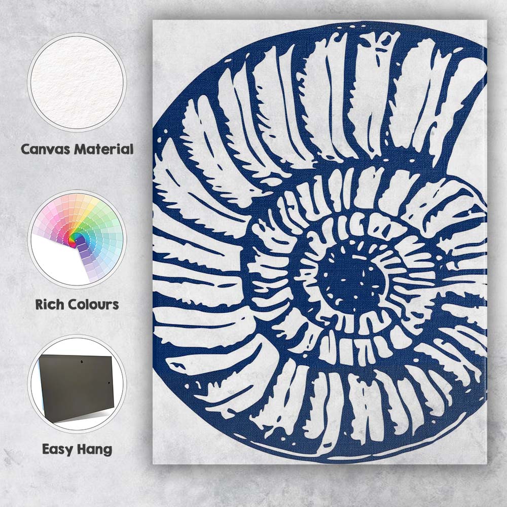 Navy Blue Nautilus Fossil Coastal Silhouette Canvas Wall Art Print Decor Picture Ready to Hang