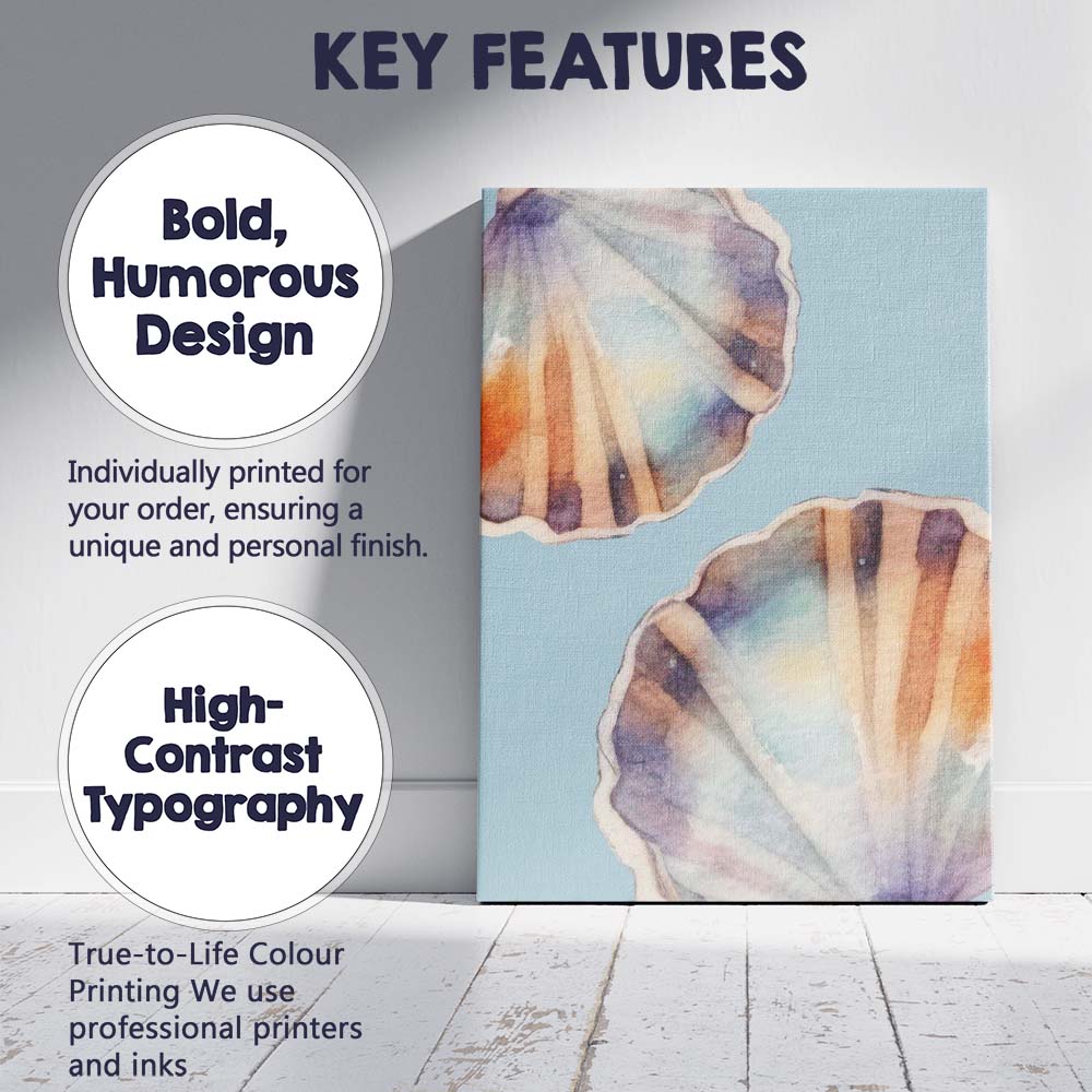Soft Blue Watercolour Seashell Coastal Beach Illustration Canvas Wall Art Print Decor Picture Ready to Hang
