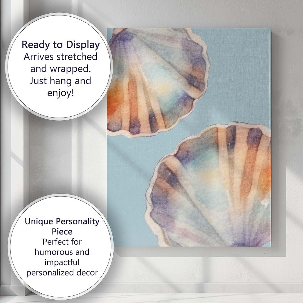Soft Blue Watercolour Seashell Coastal Beach Illustration Canvas Wall Art Print Decor Picture Ready to Hang