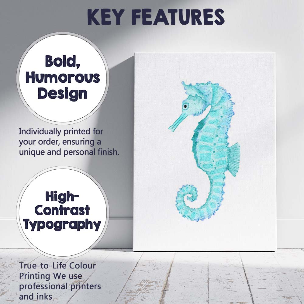 Turquoise Watercolour Seahorse Coastal Marine Illustration Canvas Wall Art Print Decor Picture Ready to Hang