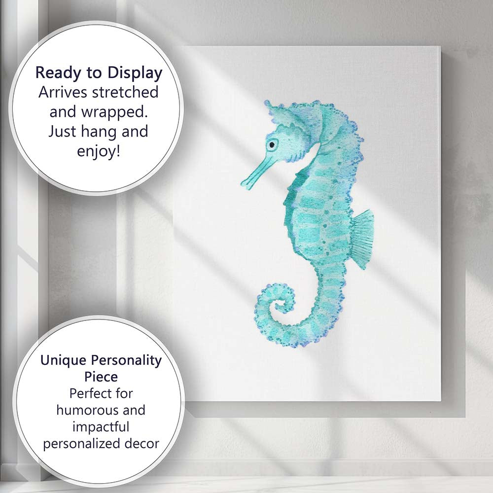 Turquoise Watercolour Seahorse Coastal Marine Illustration Canvas Wall Art Print Decor Picture Ready to Hang