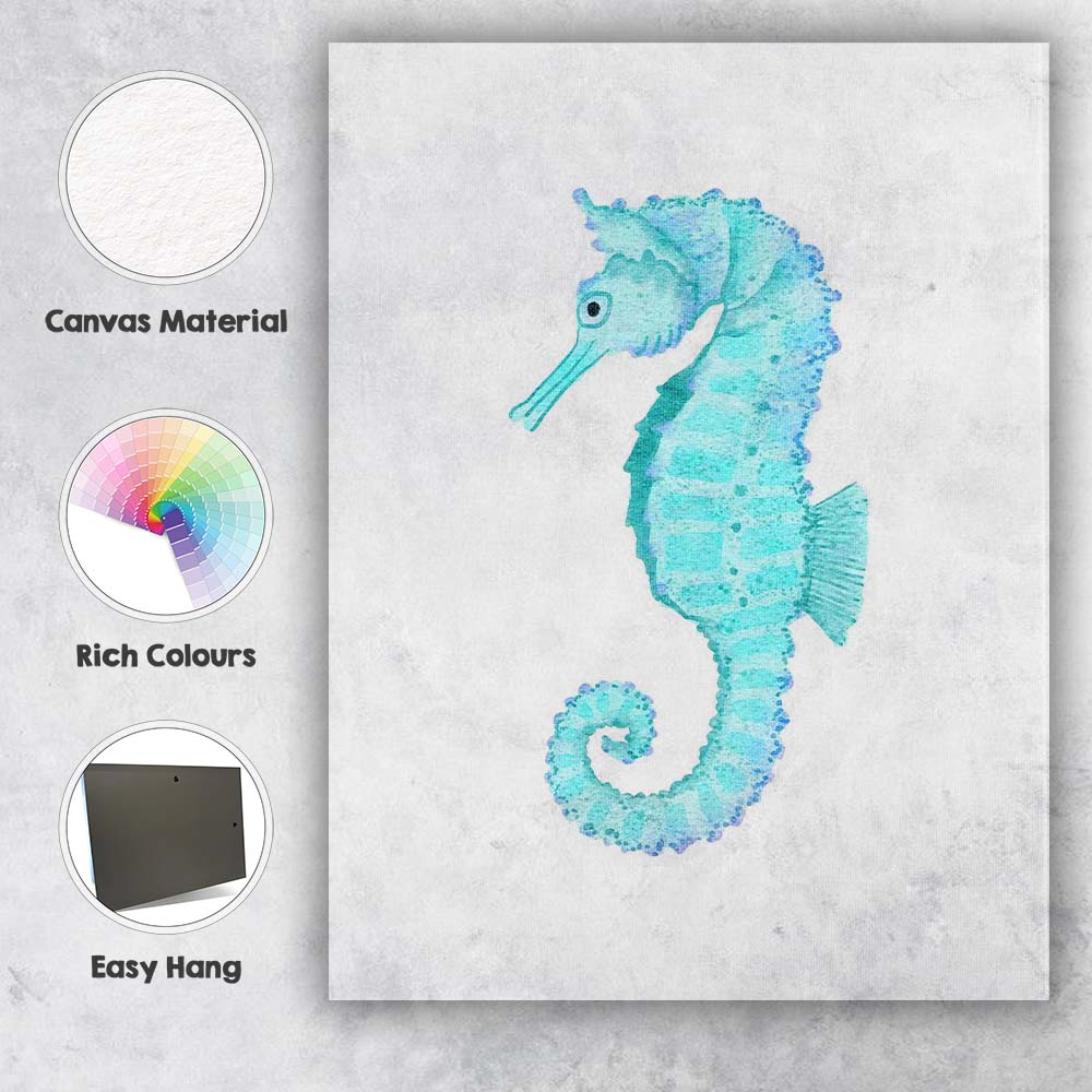Turquoise Watercolour Seahorse Coastal Marine Illustration Canvas Wall Art Print Decor Picture Ready to Hang