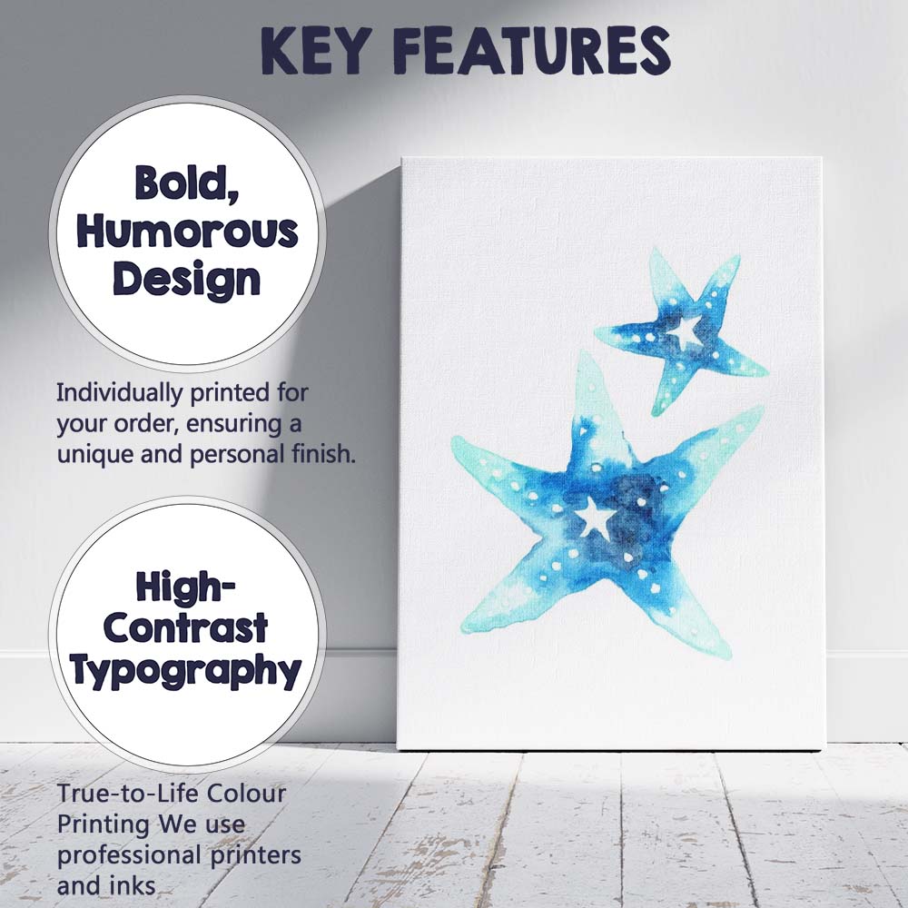 Blue Watercolour Starfish Coastal Beach Illustration Canvas Wall Art Print Decor Picture Ready to Hang