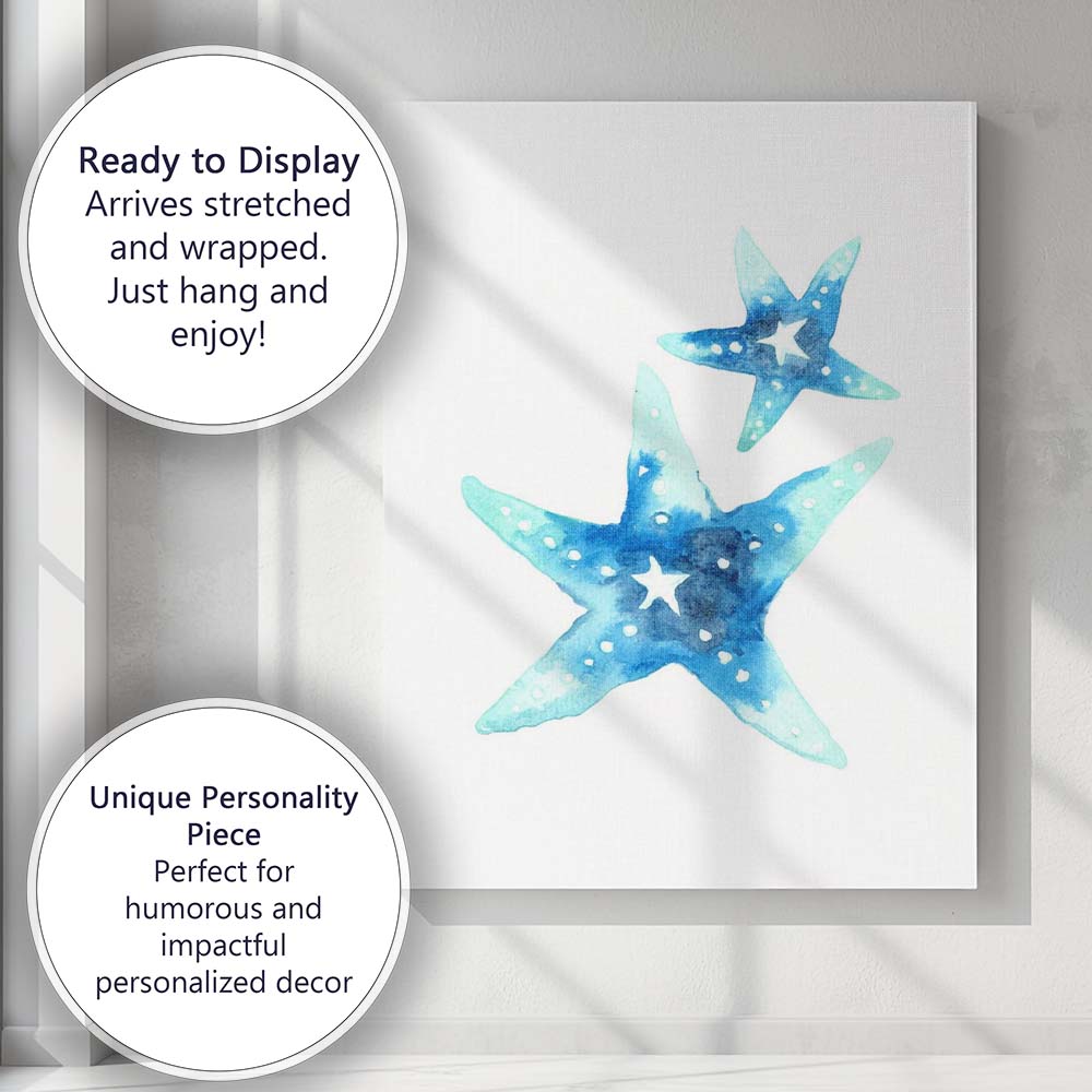 Blue Watercolour Starfish Coastal Beach Illustration Canvas Wall Art Print Decor Picture Ready to Hang