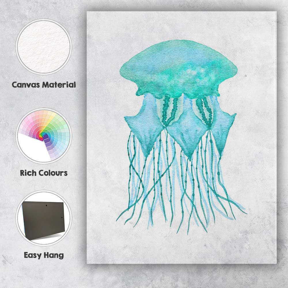 Turquoise Watercolour Jellyfish Coastal Marine Illustration Canvas Wall Art Print Decor Picture Ready to Hang