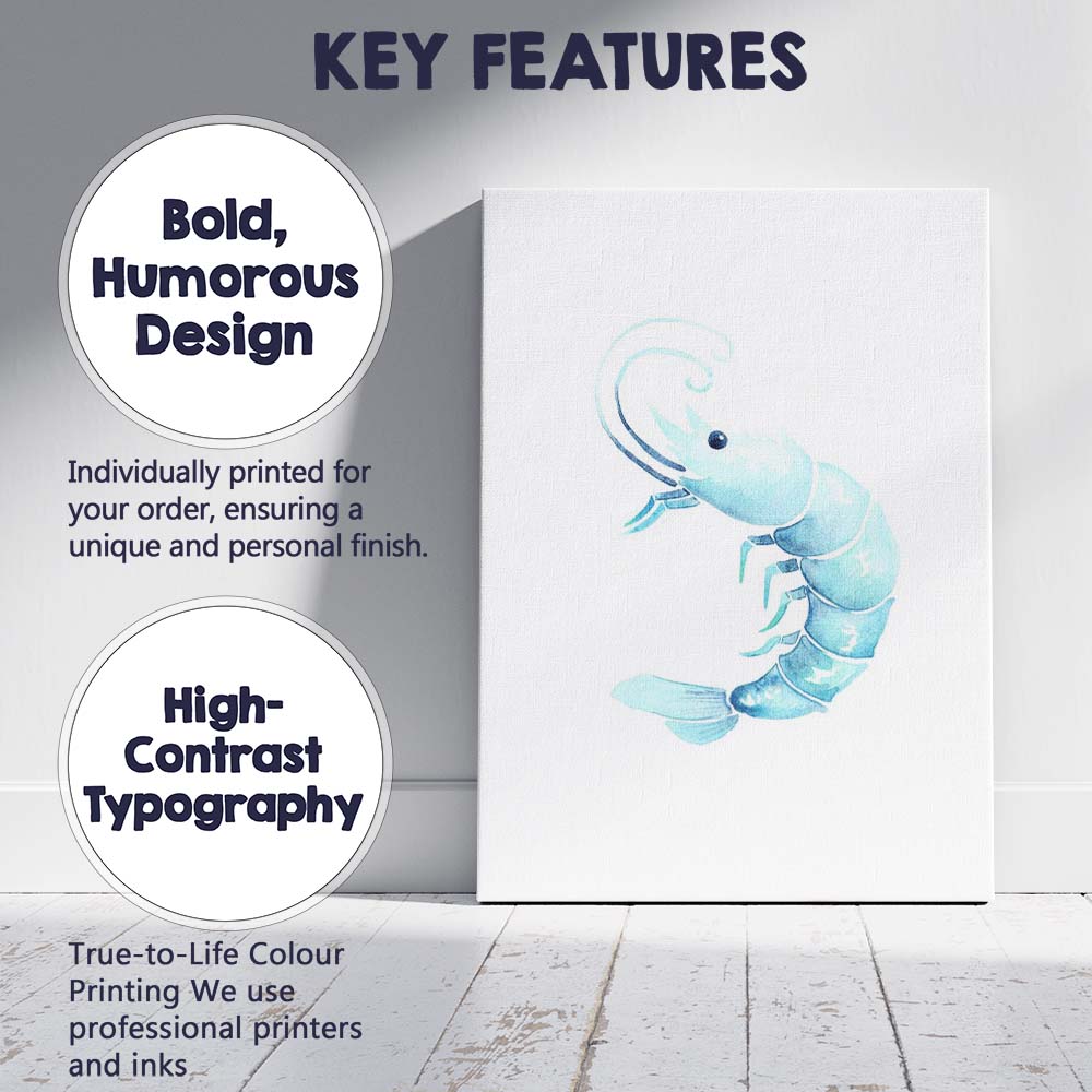 Light Blue Watercolour Prawn Coastal Seafood Illustration Canvas Wall Art Print Decor Picture Ready to Hang