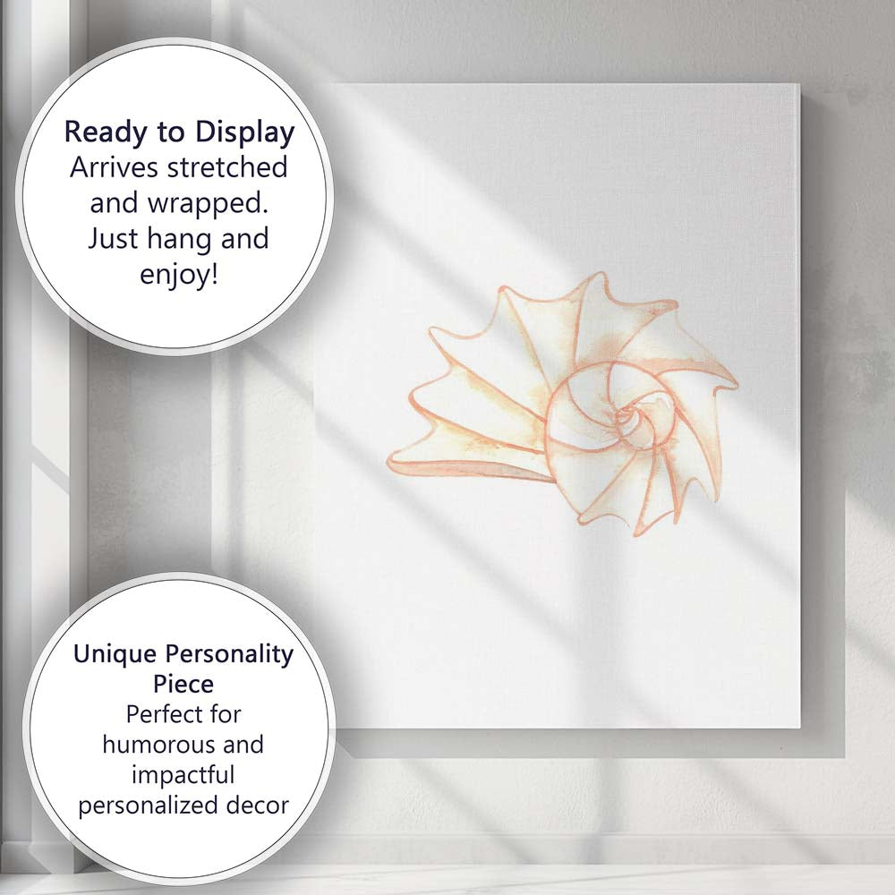 Soft Peach Nautilus Shell Coastal Watercolour Illustration Canvas Wall Art Print Decor Picture Ready to Hang
