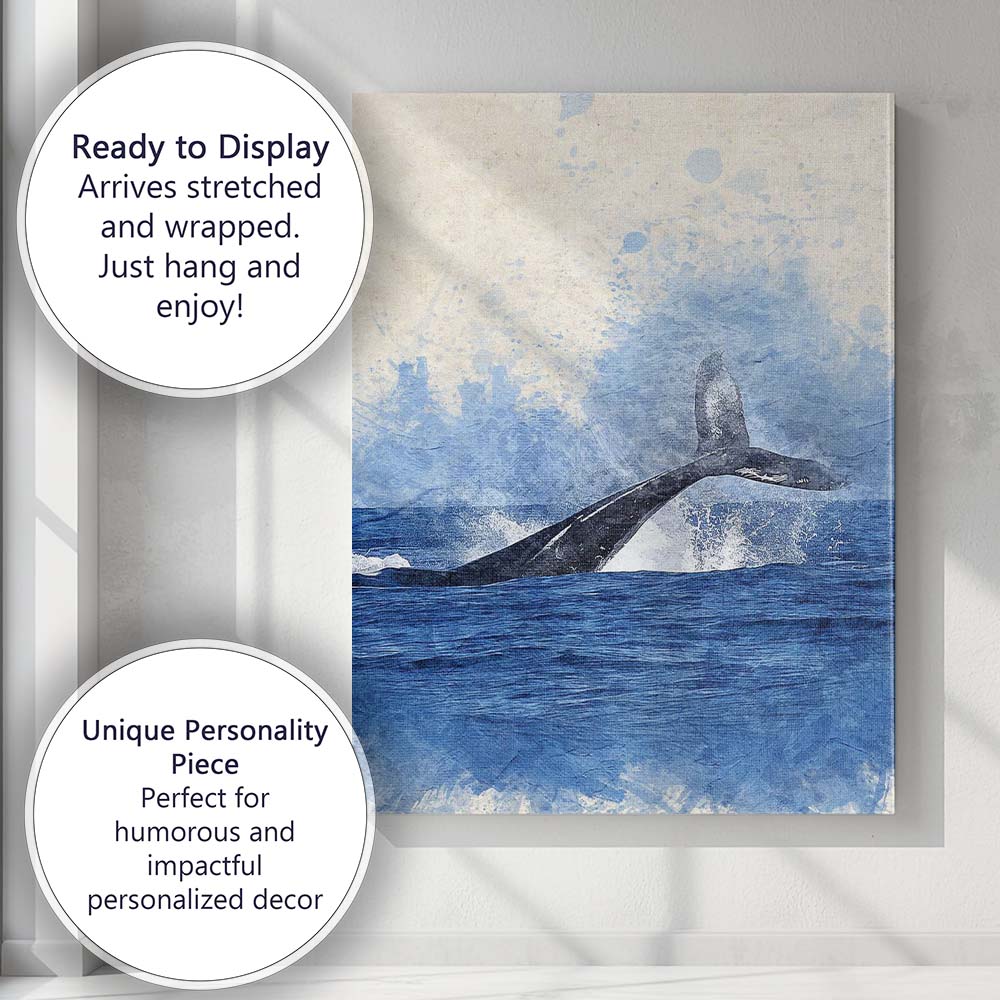 Blue Whale Tail Ocean Watercolour Wildlife Canvas Wall Art Print Decor Picture Ready to Hang