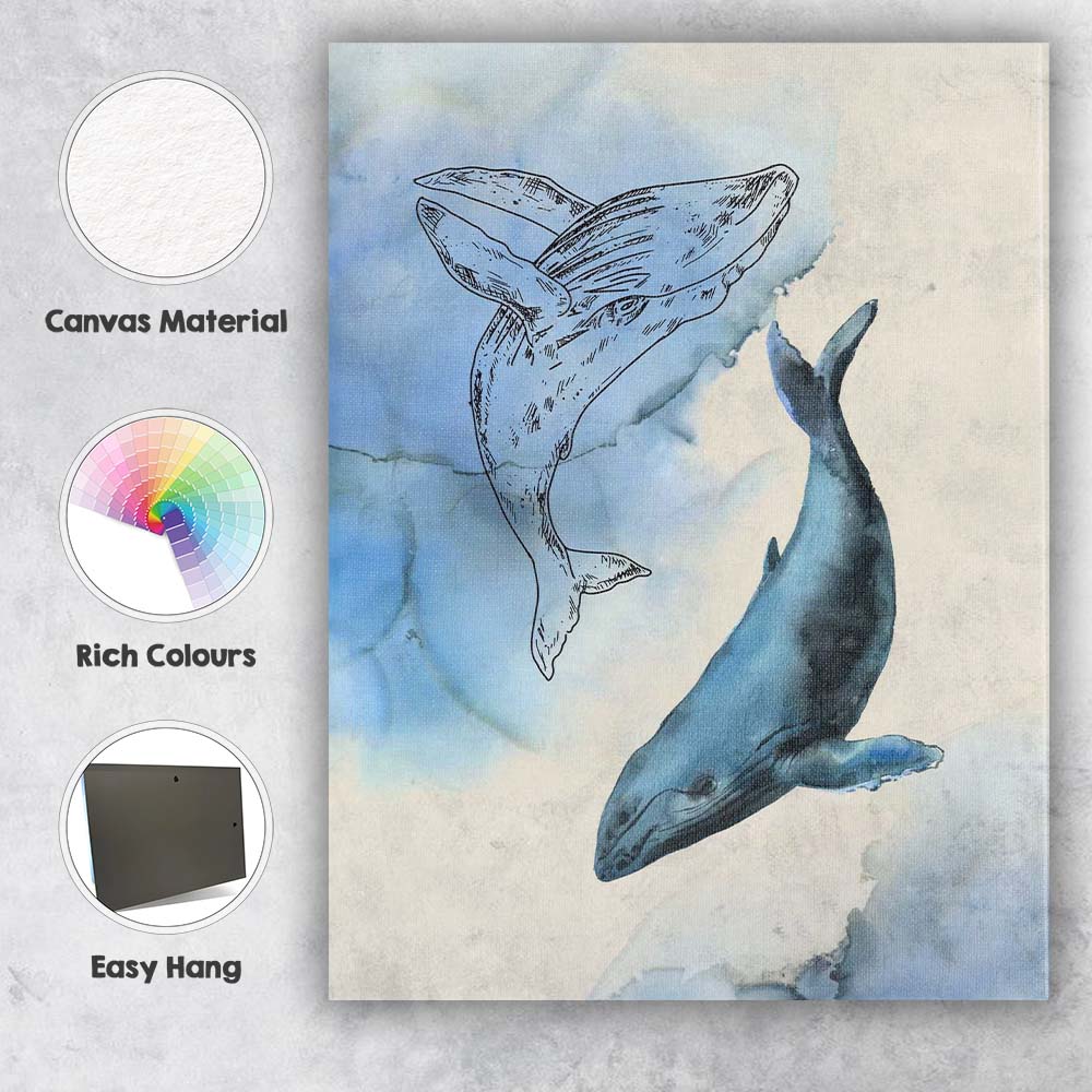 Blue Watercolour Humpback Whale Duo Coastal Illustration Canvas Wall Art Print Decor Picture Ready to Hang