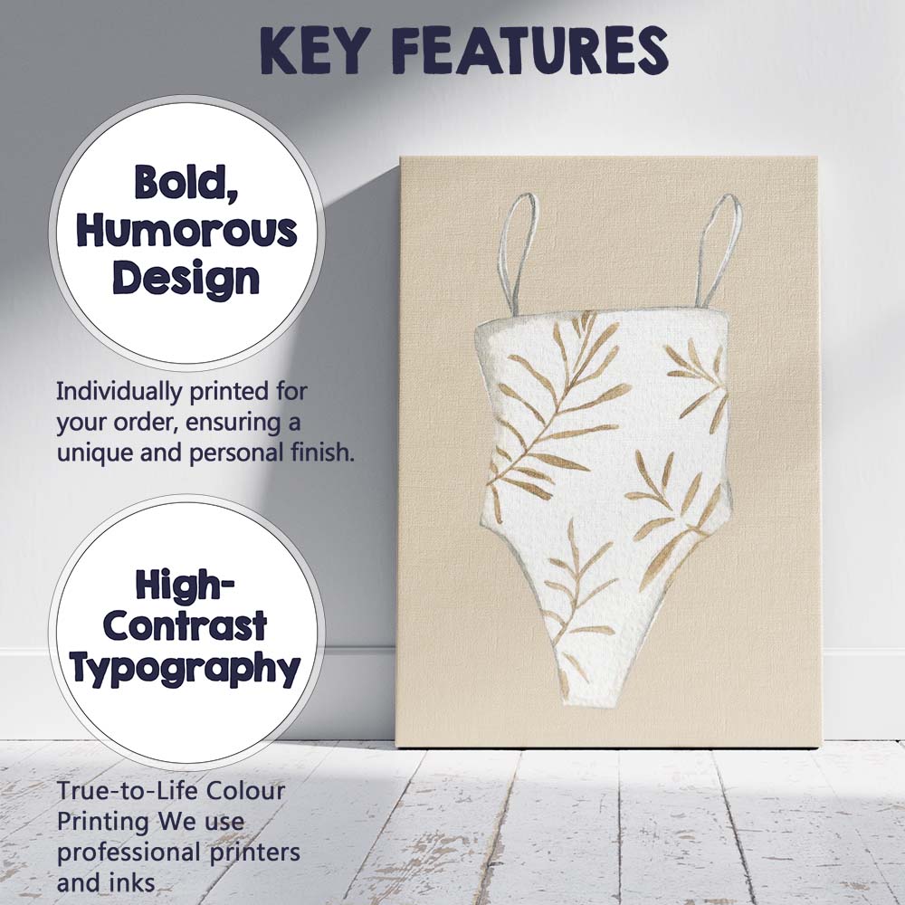 Neutral Beige Botanical Leaf Swimsuit Fashion Watercolour Canvas Wall Art Print Decor Picture Ready to Hang