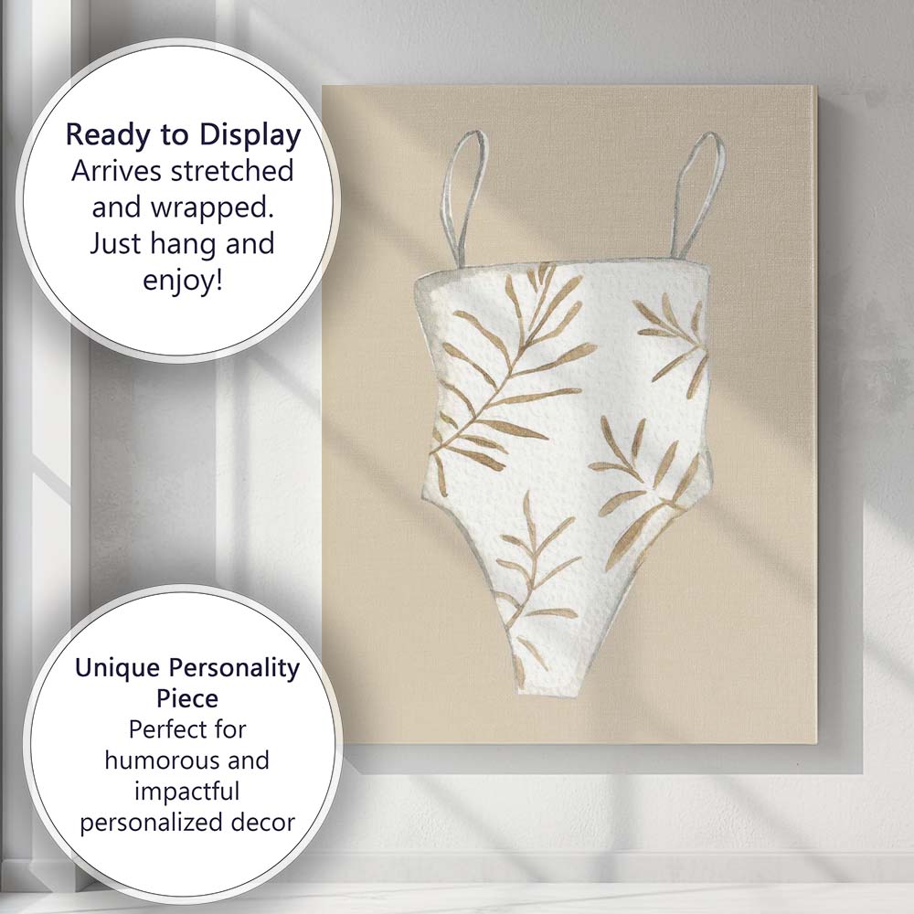 Neutral Beige Botanical Leaf Swimsuit Fashion Watercolour Canvas Wall Art Print Decor Picture Ready to Hang