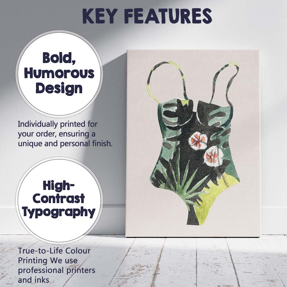 Tropical Botanical Floral Swimsuit Watercolour Illustration Canvas Wall Art Print Decor Picture Ready to Hang