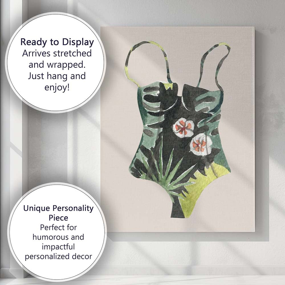 Tropical Botanical Floral Swimsuit Watercolour Illustration Canvas Wall Art Print Decor Picture Ready to Hang