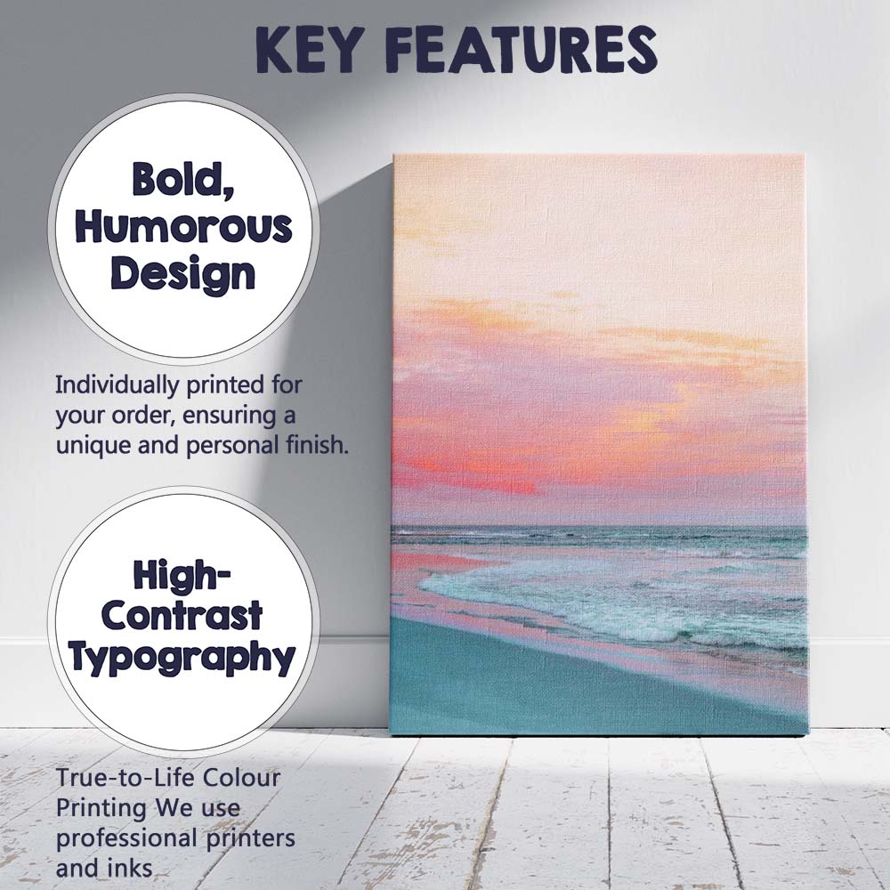 Pastel Pink Sunset Beach Seascape Coastal Photography Canvas Wall Art Print Decor Picture Ready to Hang