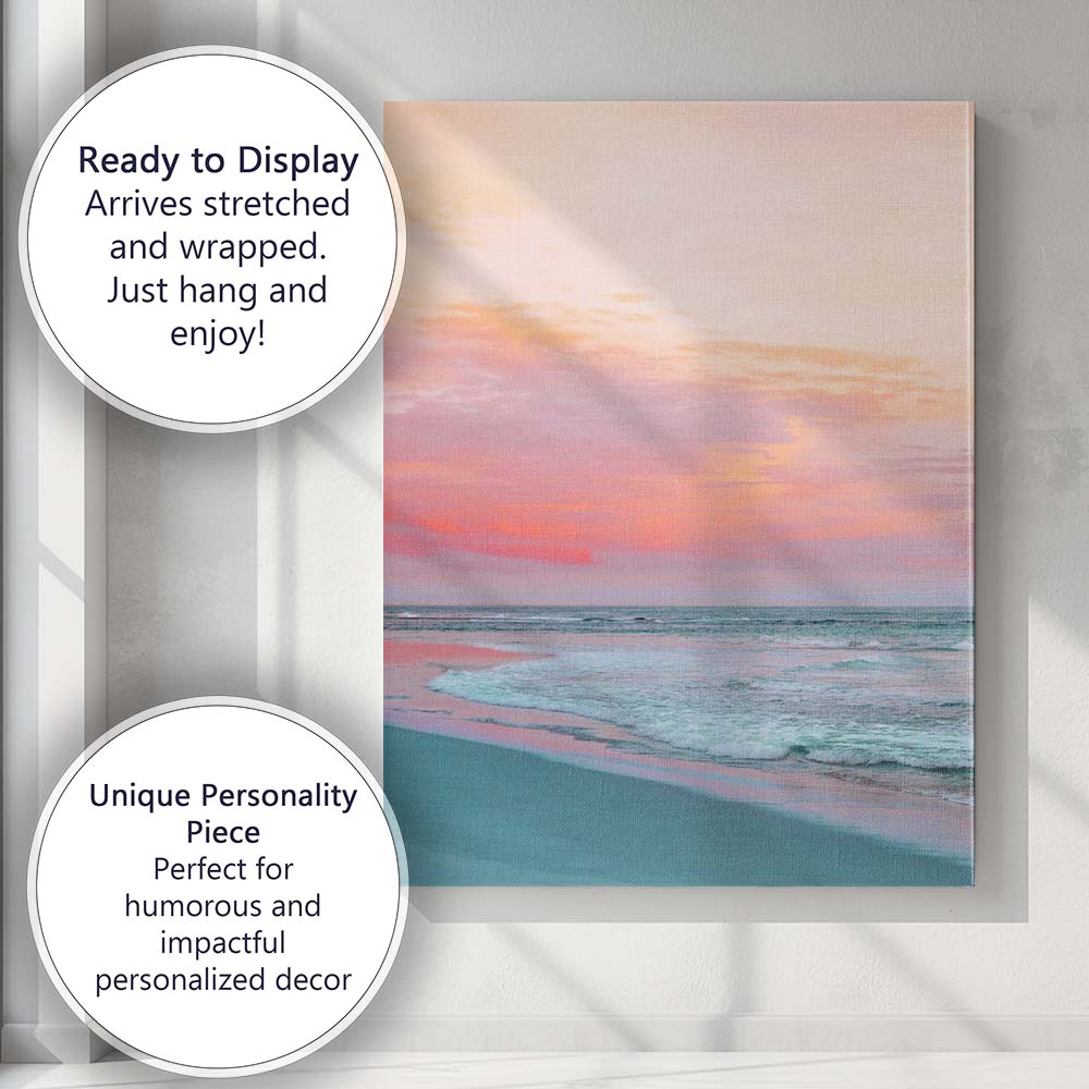 Pastel Pink Sunset Beach Seascape Coastal Photography Canvas Wall Art Print Decor Picture Ready to Hang