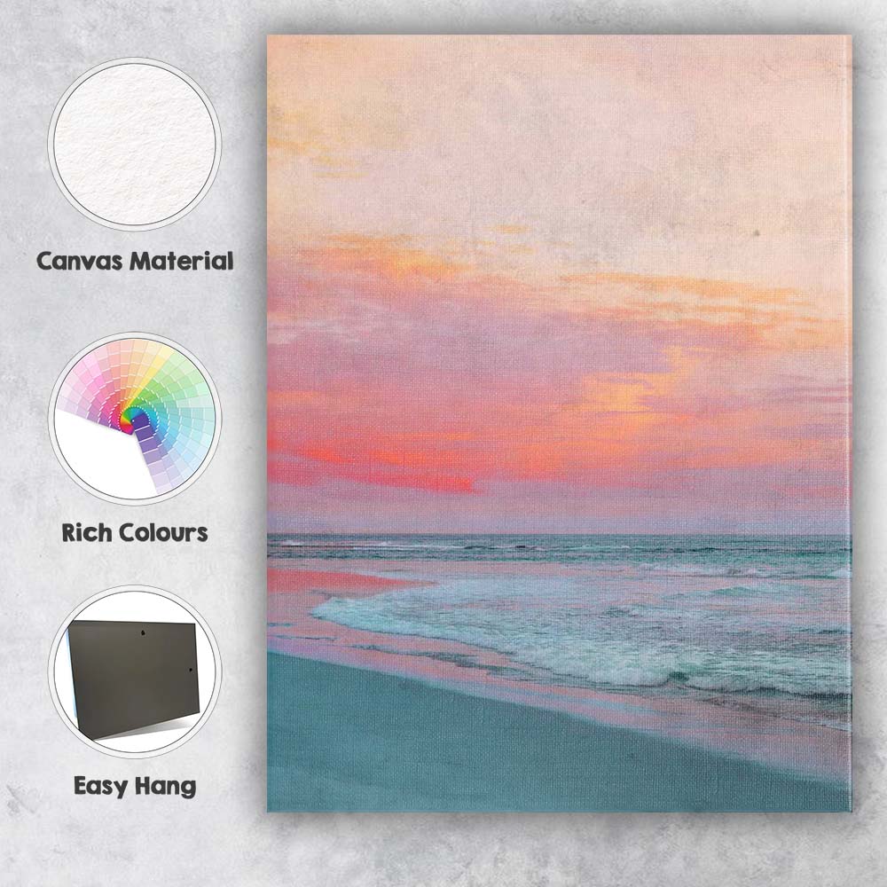 Pastel Pink Sunset Beach Seascape Coastal Photography Canvas Wall Art Print Decor Picture Ready to Hang