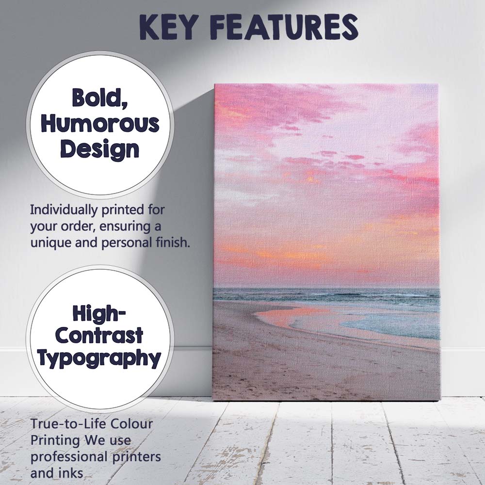 Dreamy Pink Coastal Sunset Ocean Shore Photography Canvas Wall Art Print Decor Picture Ready to Hang
