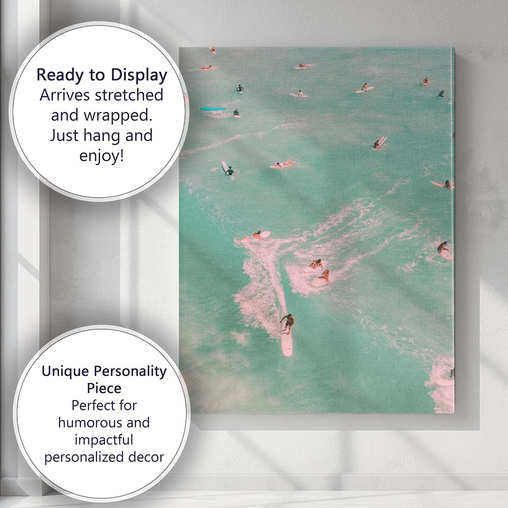 Aerial Turquoise Ocean Surfers Summer Coastal Photography Canvas Wall Art Print Decor Picture Ready to Hang