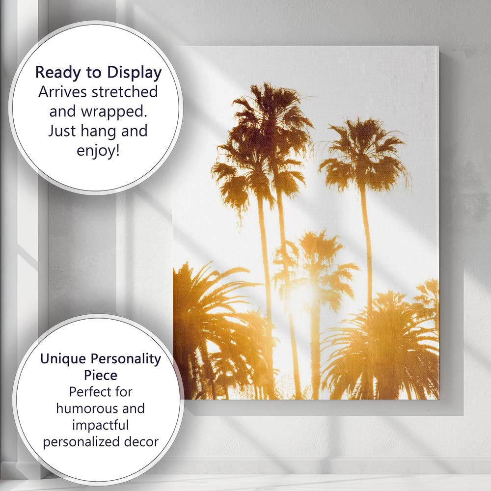 Golden Sunset Palm Trees Tropical Paradise Photography Canvas Wall Art Print Decor Picture Ready to Hang