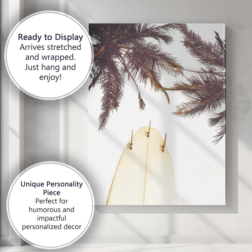 Surfboard Under Palm Trees Tropical Beach Photography Canvas Wall Art Print Decor Picture Ready to Hang