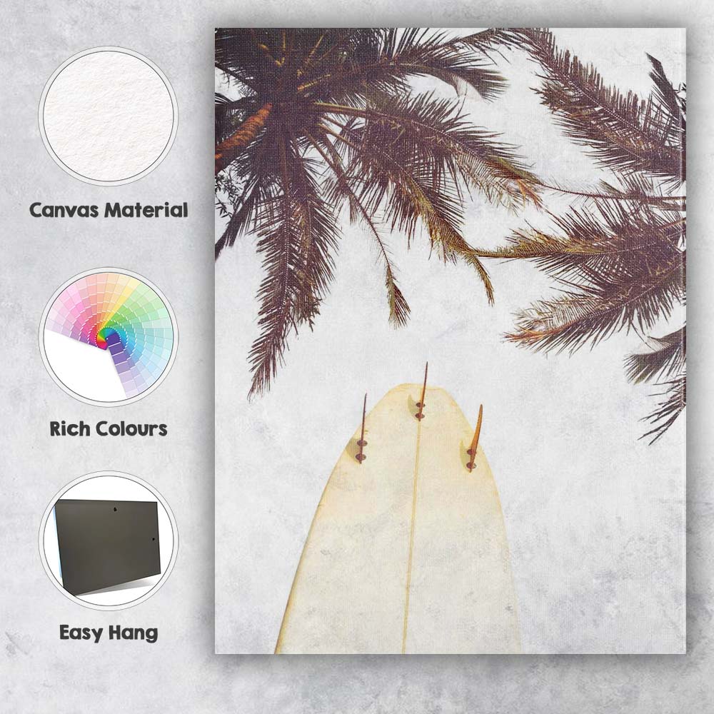 Surfboard Under Palm Trees Tropical Beach Photography Canvas Wall Art Print Decor Picture Ready to Hang