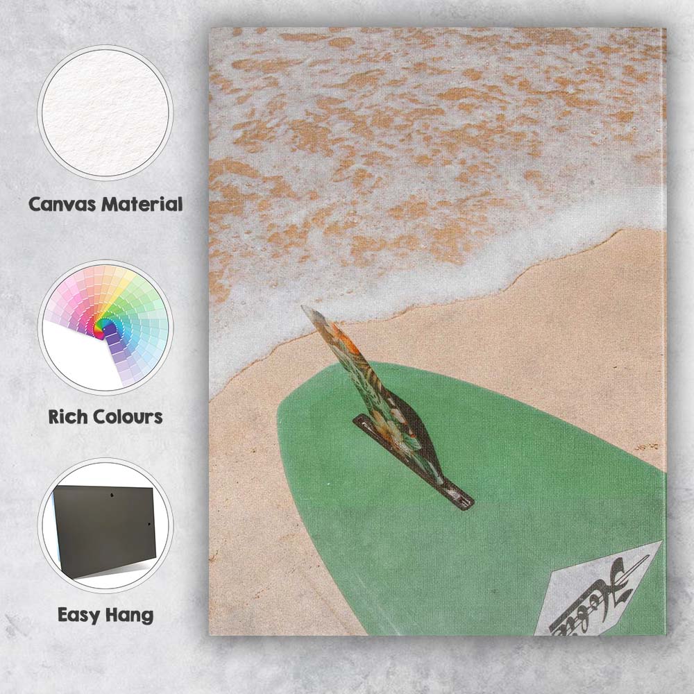 Green Surfboard On Sandy Beach Coastal Photography Canvas Wall Art Print Decor Picture Ready to Hang